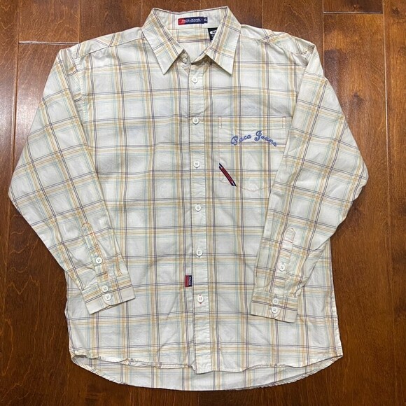 Paco Jeans Vintage Plaid Embroidered Button Down White Tan Blue Kids Size XL - Picture 3 of 11